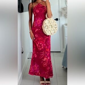 VICI Pink Paisley Halter Midi Dress Side Slit Summer Vacation Dress Large NWT